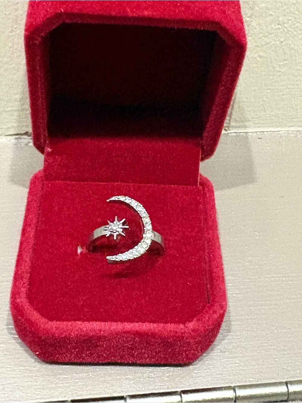 Silver Crescent Moon & Star Ring in Silver